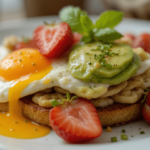 breakfast using eggs, avocado, and strawberries