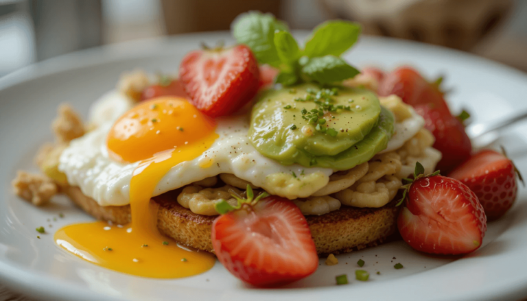 breakfast using eggs, avocado, and strawberries