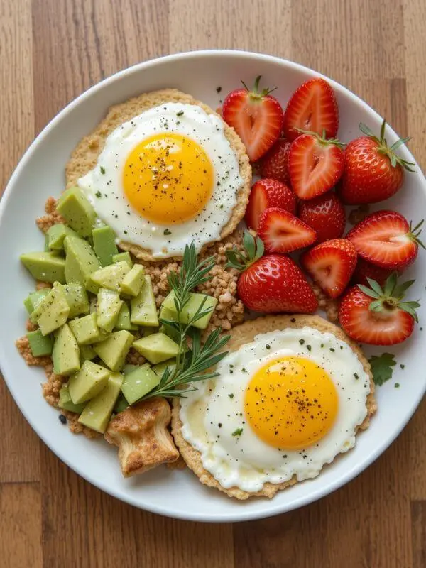 ingredient balanced breakfast using eggs, avocado, and strawberries